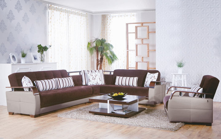 Modern Natural Sectional with Raised Wood Armrests and Chrome Details
