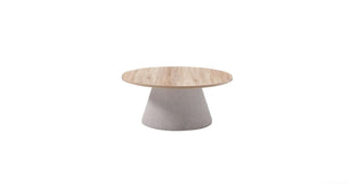 Round wooden table with a concrete base on a white background