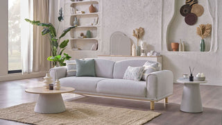 Modern living room with a gray sofa, coffee table, and decorative items.