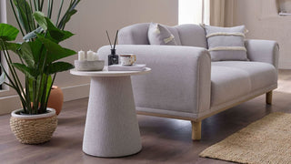 Gray sofa with decorative pillows in a living room setting with a small table and plant.