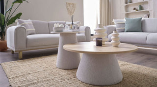 Modern living room with light gray sofa, wooden coffee table, and decorative items.