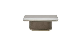 Square coffee table with a white top and brown base on a white background.