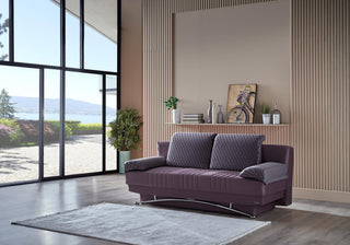 Plum-toned Nevada fabric Fantasy Queen Sleeper: bold color, Queen pull-out bed and modern metal feet
