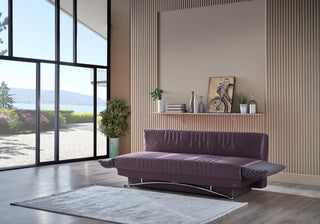Fantasy Queen Sleeper sofa in Nevada Plum Plain fabric with chrome accent and storage compartment
