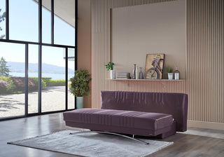 Fantasy Queen Sleeper sofa in Nevada Plum Plain fabric with chrome accent and storage compartment