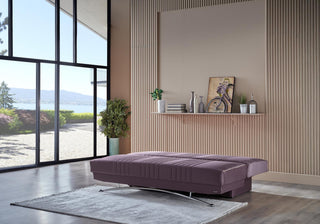 Fantasy Queen Sleeper sofa in Nevada Plum Plain fabric with chrome accent and storage compartment