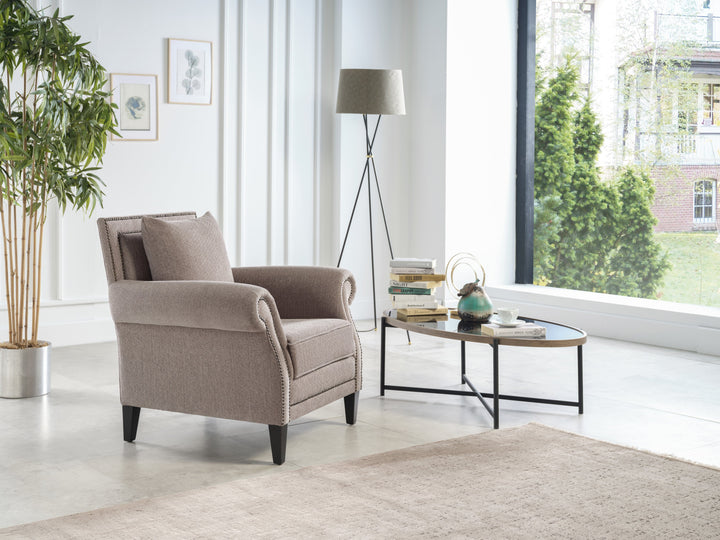 Java Accent Armchair: Classic elegance with luxurious fabric and nail head trim.