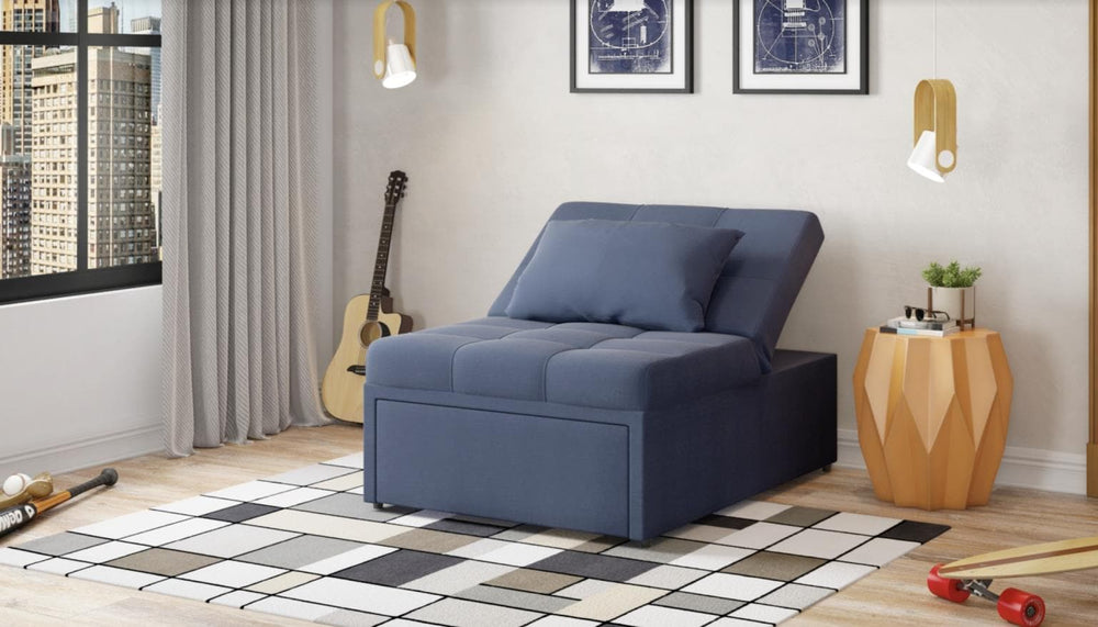 Stylish Mellow Chair: Modern reclining back for comfort, perfect for small spaces with its sleeper function.