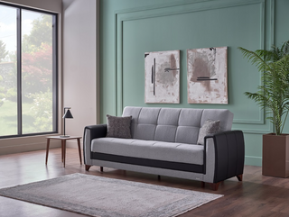 Sofá cama Dublin de 93" de ancho con almacenaje – Tapizado bicolor en piel negra y beige