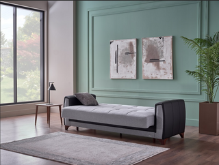 Sofá cama Dublin de 93" de ancho con almacenaje – Tapizado bicolor en piel negra y beige