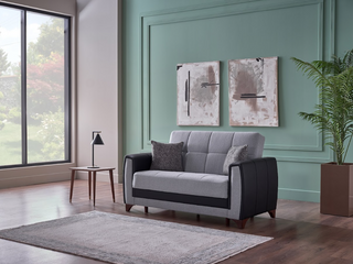 Sofá cama Dublin de 93" de ancho con almacenaje – Tapizado bicolor en piel negra y beige