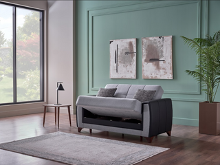 Sofá cama Dublin de 93" de ancho con almacenaje – Tapizado bicolor en piel negra y beige