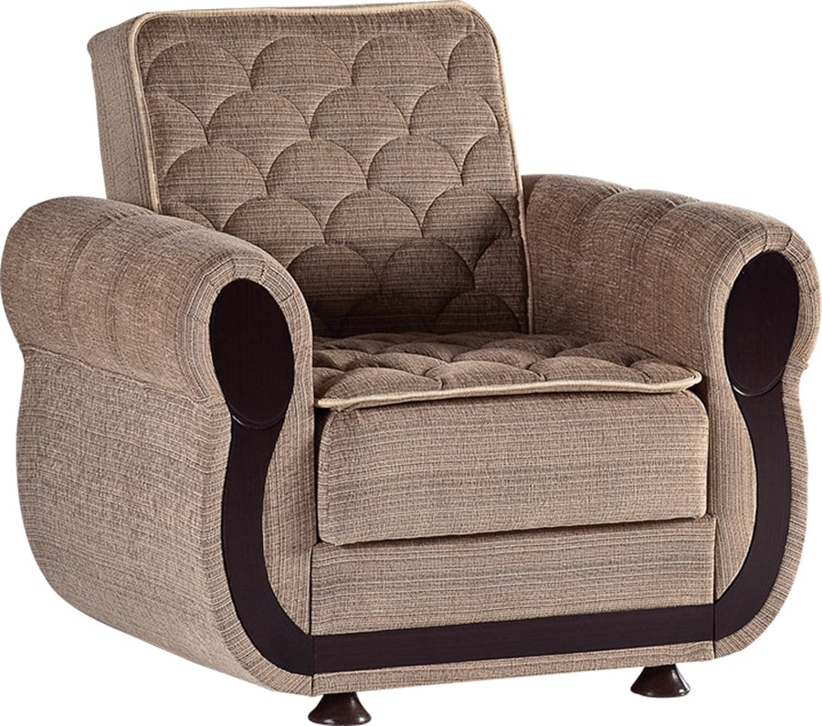 Elegant Argos Armchair with scallop tufting and cherry wood accents.