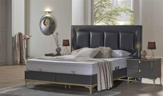 Full view of the Carlino Queen Bedroom Set featuring modern minimalist luxury in gray and gold.