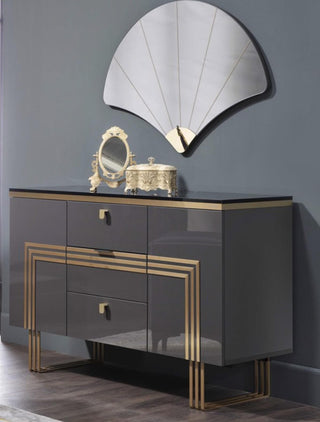 6-drawer Carlino dresser in matte gray with a marble-look top and gold hardware accents.