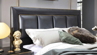 Carlino queen-size bed with horizontal-tufted headboard upholstered in soft Carlino Gray fabric.