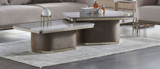 Modern coffee table set in a living room setting with decorative items on top.