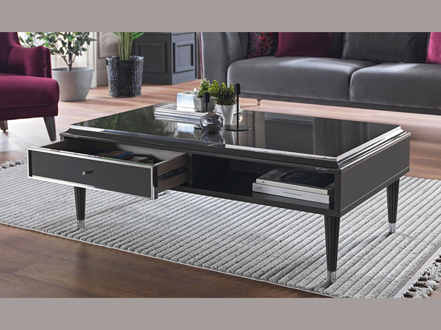 Modern Black Gravita Coffee Table with Sleek Design and Drawer
