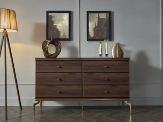 Montego 6-drawer dresser featuring sleek gold-finished handles and modern lines.