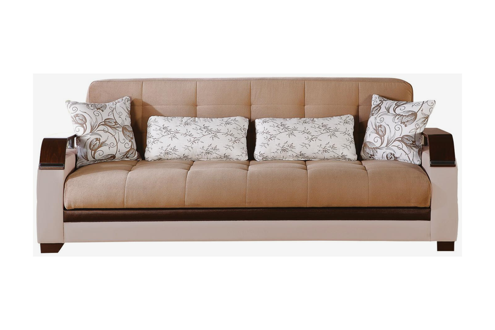 Versatile Natural Loveseat: Easy-to-clean leatherette upholstery with stylish polished wood armrests.