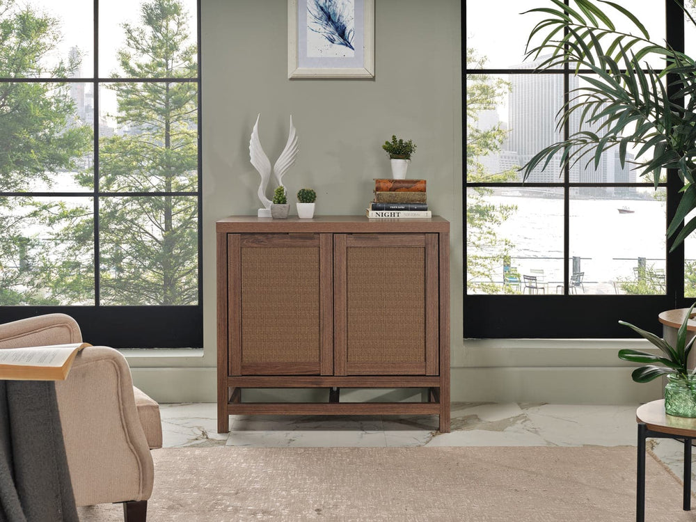 Elegant Arden Console with wicker door covers and natural wood grain for a fresh look.