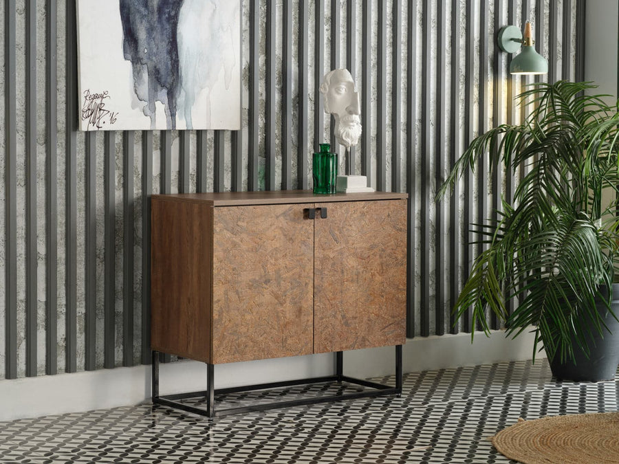 Avenir Console: Chic media storage with natural wood and iron details.