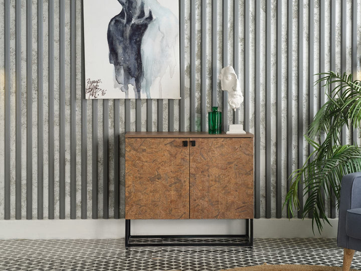 Chic Avenir media console featuring speckled wood doors.