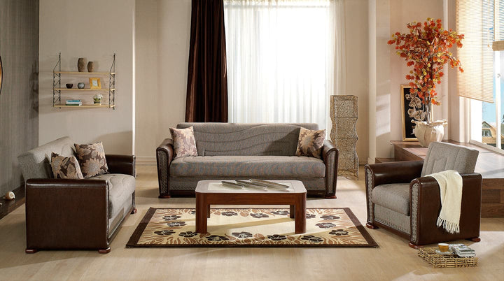 Timeless Alfa sofa, loveseat, and armchair in plush fabric.
