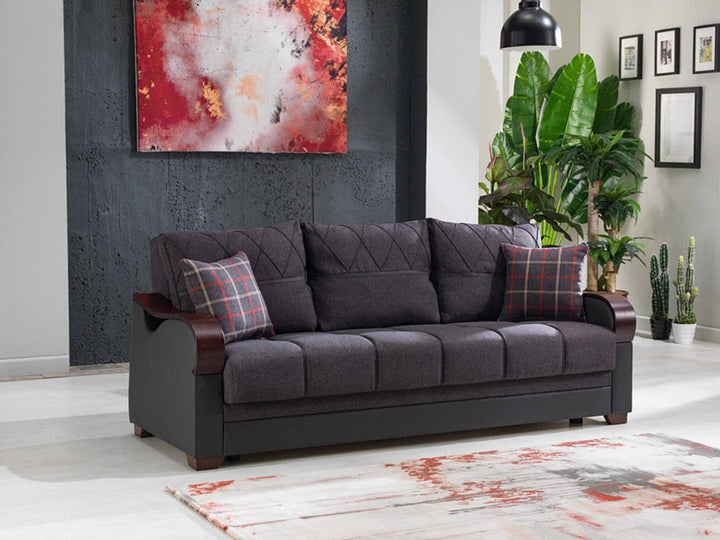 Transitional Bennett loveseat combining leatherette and fabric upholstery.