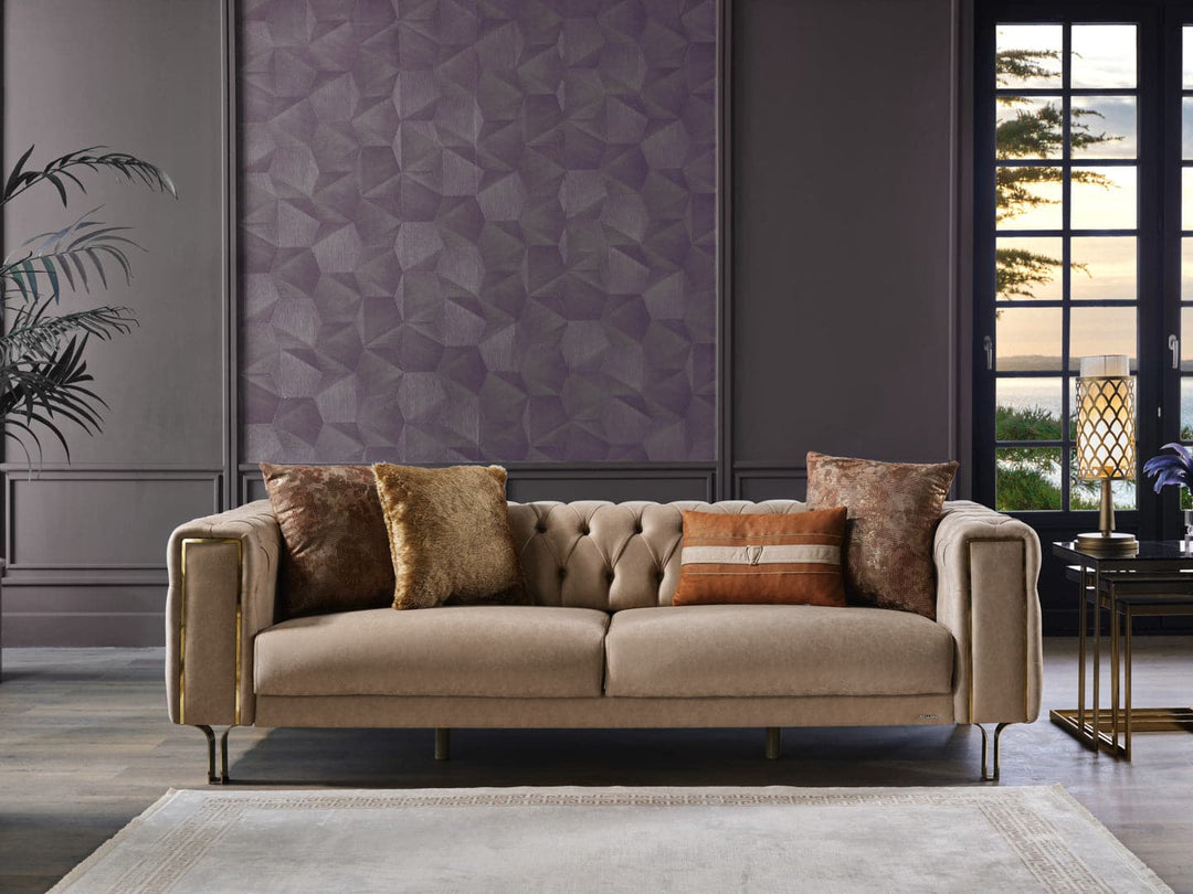 Sleek Montego Sofa: Transforms into a daybed with pull-out cushions, featuring marbled surfaces and gold accents