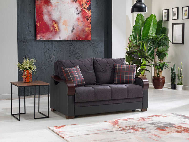 Stylish Bennett Collection with polished wood armrests and two-tone fabric.