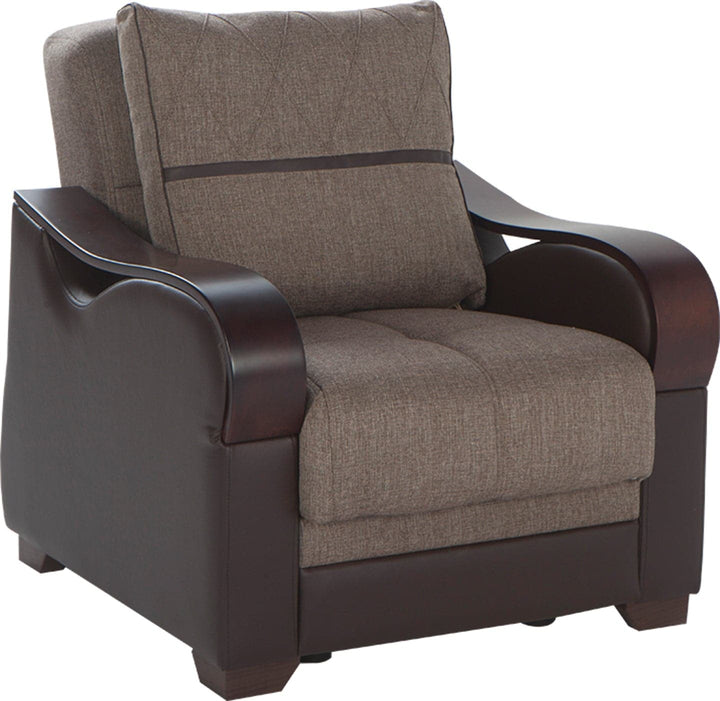 Transitional Bennett loveseat, blending leatherette and fabric with storage space.