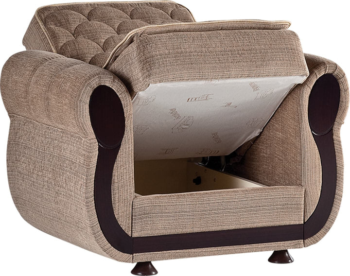 Elegant Argos furniture with tufting and cherry wood, sleeper feature.