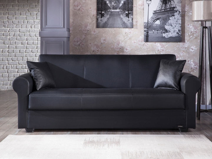 Elegant Black Floris Armchair with Rolled Arms and Subtle Stitching