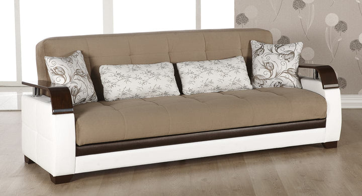 Sleek Sofa from Natural Collection: Transforms into a sleeper, perfect for guests, with chrome detailing.