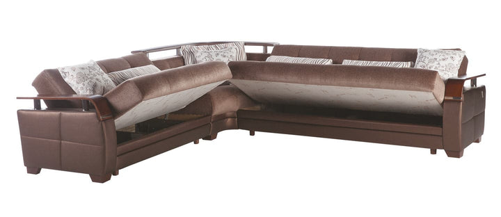 Natural Sectional Sofa with Chrome Accents and Wood Armrests